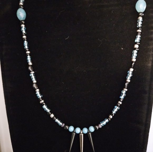 Boho Aqua Marine & Black Spiked 30" Beaded Necklace - Picture 10 of 10